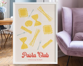 Puede incluir: Una impresión enmarcada en blanco con una ilustración amarilla y blanca de diferentes tipos de pasta. La impresión tiene el texto "Pasta Club" en rojo y el texto "Eat & Pasta meet a King.  Dine Papardelle." en negro.