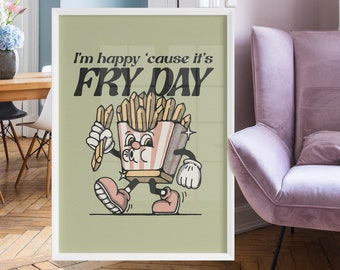 Retro Mascot French Fries Print, Fried Potatoes Printable Poster, Funny Quote Food Poster France, Mid Century Kitchen Wall Art