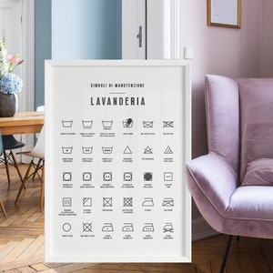 Può includere: Un poster incorniciato bianco con il titolo "Lavanderia" e una tabella di simboli di cura del bucato in bianco e nero. Il poster è appeso a una parete blu chiaro in una stanza con una poltrona rosa e un tavolo di legno con sedie.