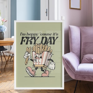 Retro Mascot French Fries Print, Fried Potatoes Printable Poster, Funny Quote Food Poster France, Mid Century Kitchen Wall Art