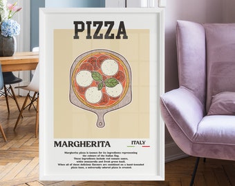 Cartel imprimible de Pizza Margherita, diseño minimalista de comida italiana, decoración de cocina estética, regalo de signo de Italia para amantes de la pizza
