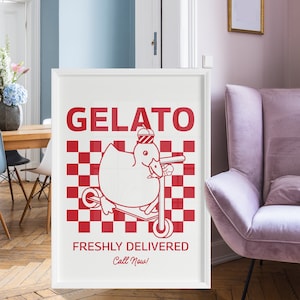 Retro Gelato Poster Printable, Italian Ice Cream Delivery Print, Funny Duck Food Delivery Kitchen Decor, Large Downloadable Art