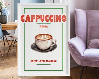 Cappuccino Poster Retro Printable, Italy Breakfast Print, Modern Kitchen Decor, Coffee Latte Sign Bar Aesthetic Print Italy