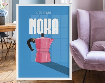 Retro Moka Coffee Print/ Italian Coffee Poster Design Pink/ Printable Kitchen Decor/ Home Bar Aesthetic Kitchen/ Coffee Poster Sign