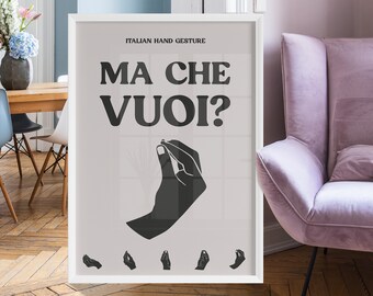Cartel retro Gesto de mano italiano, pero ¿qué quieres? Imprimible, frase italiana divertida, arte de la pared de Italia, impresión tipográfica gris estética