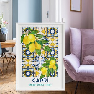 Capri Poster Printable, Italy Travel Poster, Amalfi Coast Lemon Print, Amalfi Print Italy, Mediterranean Tile with Lemons