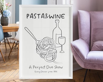 Pasta & Wine Hand Drawn Printable Poster, Italian Pasta Wine Club Print, Italian Wall Art, Modern Kitchen Wall Decor