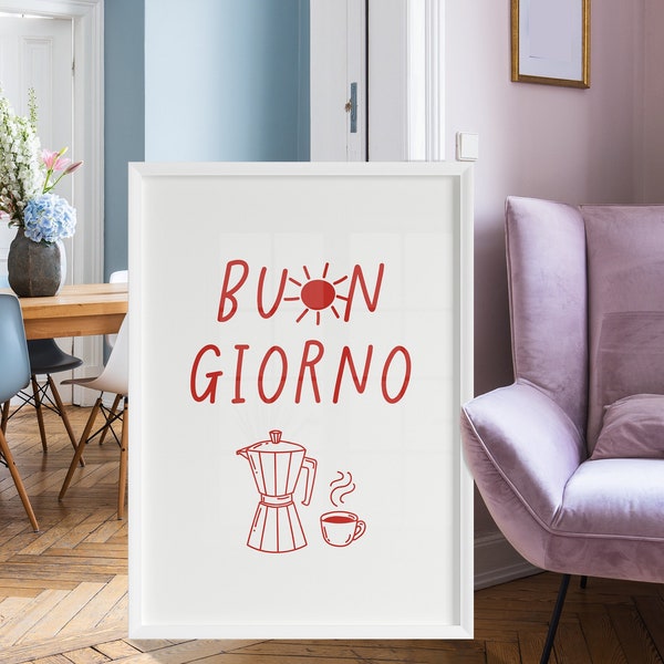 Guten Morgen druckbares Poster, Espresso Moka Druck, Küchenwandkunst, italienischer Wortkunstdruck, handgezeichneter italienischer Kaffeesatz