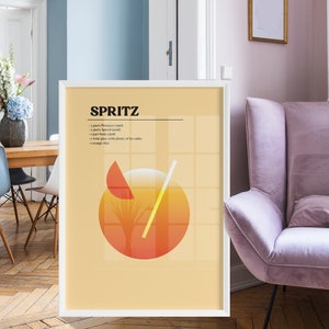 Cartel imprimible de cóctel minimalista Aperol Spritz, impresión geométrica de bebida italiana, receta de letrero de barra Spritz e ingredientes de aperitivo