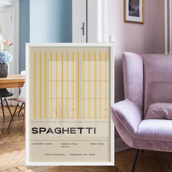 Cartel imprimible de espaguetis, impresión de alimentos, decoración de cocina moderna, diseño minimalista italiano, arte de cocina, arte de pared minimalista de pasta