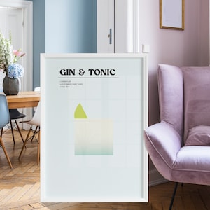 Gin Tonic Cocktail Rezept Minimalistisches druckbares Poster, Getränkedruckdesign, Barwagendruck Küchendekoration, Alkoholästhetisches Poster