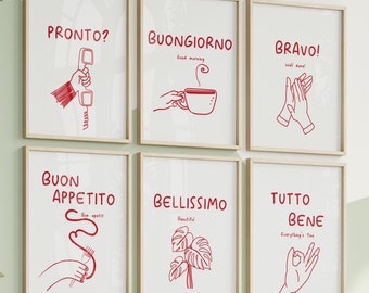 Bundle Italian Words Wall Art Set of 6 Posters Printable, Gallery Red Prints Italy Wall Decor, Modern Sign Hand Gestures