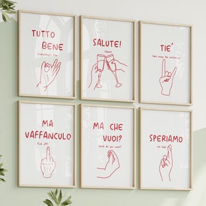 Bundle Rosso Italiano Set da 6 Stampabile, Arte Parete Gesti Mano Italiani, Ma Che Vuoi Speriamo Tutto Bene Tiè Salute Vaffanculo Arte Linea