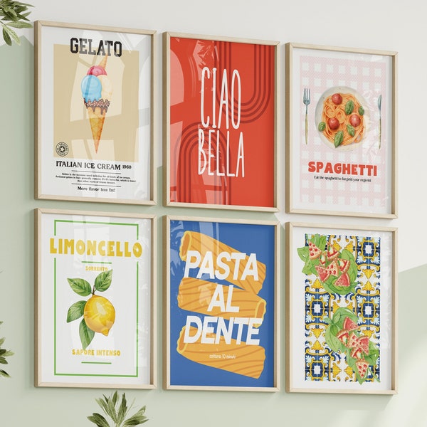 Italienisches Wandkunst-Bundle-Set mit 6 druckbaren, italienischen Küchen-Wandkunst-Sets, Ciao Bella Spaghetti Pasta Zitat Limoncello Pizza Ice Cream