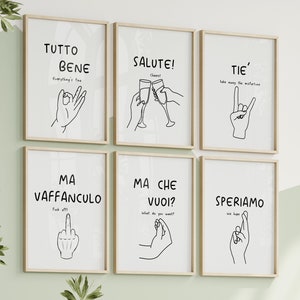 Italian Black Bundle Set of 6 Printable, Italian Hand Gesture Wall Art, Ma Che Vuoi Speriamo Tutto Bene Tiè Salute Vaffanculo Line Art