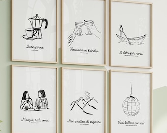Italian Wall Art Bundle Set of 6 Printable, Kitchen Wall Art Set of Modern Prints with Quotes in Italian Dolce Far Niente Buongiorno