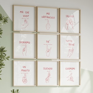 イタリアンレッドバンドル 印刷可能9枚セット、ウォールアート イタリアのハンドジェスチャー、何でもご自由にすべてが順調であることを祈りましょう Tiè Salute Vaffanculo ラインアート