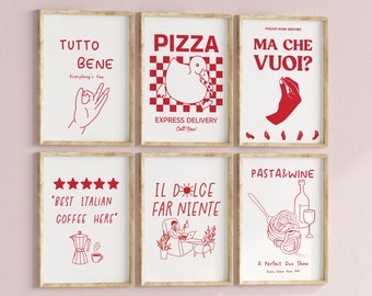 May include: Six framed prints with red illustrations and text on a pink wall. The prints feature Italian phrases and images related to food and culture, including pizza, pasta, coffee, and hand gestures. The text includes phrases like "Tutto Bene", "Pizza Express Delivery", "Ma Che Vuoi?", "Best Italian Coffee Here", "Il Dolce Far Niente", and "Pasta & Wine".