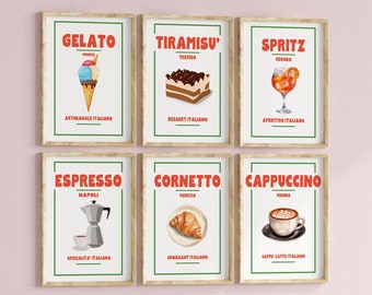 Bundle Retro Italian Kitchen Set of 6 Printable, Wall Art Set Italian Posters Aperol Spritz Tiramisù Gelato Espresso Cornetto Cappuccino