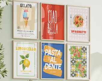 Italian Wall Art Bundle Set of 6 Printable, Kitchen Wall Art Set, Ciao Bella Spaghetti Pasta Frase Limoncello Pizza Gelato