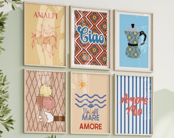 Italy Wall Art Bundle Set of 6 Printable, Italian Kitchen Decor Set, Ciao Amore Mio Mediterranean Tiles Amalfi Lemon Gelato