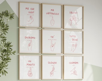 Paquete rojo italiano conjunto de 9 imprimibles, arte de pared gestos con las manos italianas, lo que quieras Esperemos que todo esté bien Tiè Salute Vaffanculo Line Art