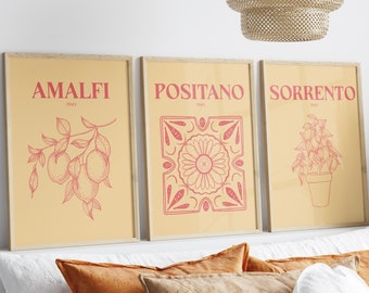 Amalfi Coast Lemons Printable Poster Set of 3, Amalfi Print Italy, Positano Mediterranean Tile Red, Lemon Tree Sorrento
