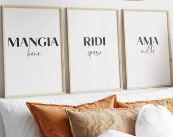Italian Quotes Printable Poster Set of 3, Italy Wall Art, Bundle Prints Black and White Words, Kitchen Wall Decor Mangia Ridi Ama