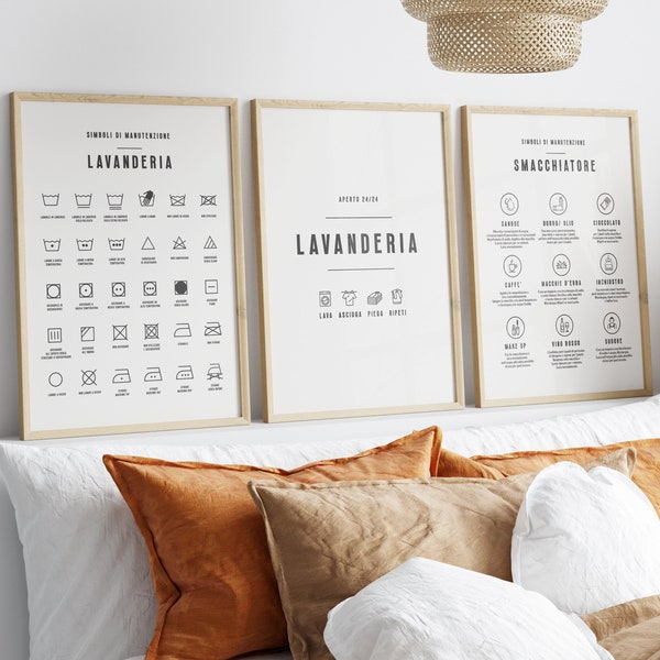 Set of 3 Laundry Symbol Guide Printable with Instructions in Italian/ Laundry Chart Cheat Sheet/ Laundry Decor Print