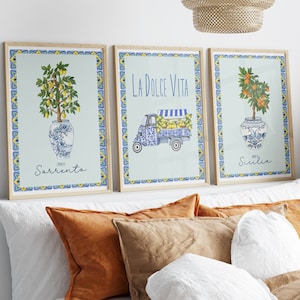 Lemons Orange Tree Printable Poster Set of 3, Amalfi Coast Print Italy, Mediterranean Flower Pot La Dolce Vita Italian Poster Set