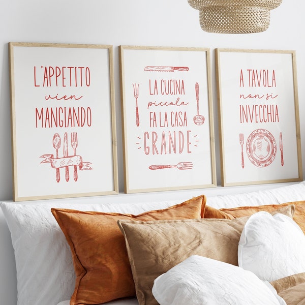 Bundle Phrases italiennes Affiches de cuisine Ensemble de 3 imprimables, Italie Wall Art, Mots italiens rouges, Phrases alimentaires Décoration murale esthétique