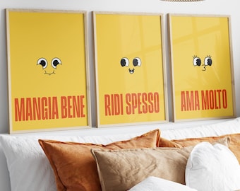 Mangia Bene Ridi Spesso Ama Molto Printable Poster Set of 3, Bundle Funny and Colorful Prints Kitchen Decor Italian Positive Quote