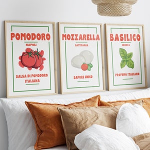 Conjunto de pôster de tomate mussarela e manjericão, 3 impressões, arte de parede italiana, pôster retrô de comida italiana, decoração de parede de cozinha italiana