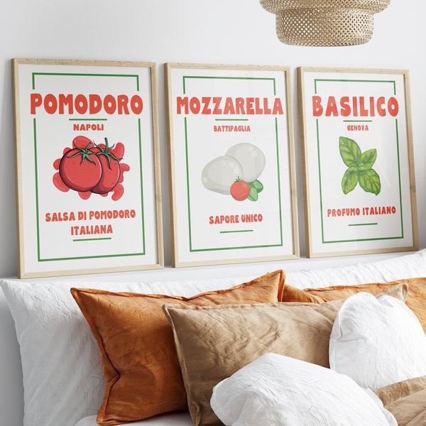 Pomodoro Mozzarella Basilico Printable Poster Set of 3, Italian Wall Art, Retro Italian Food Poster, Kitchen Wall Decor Italy