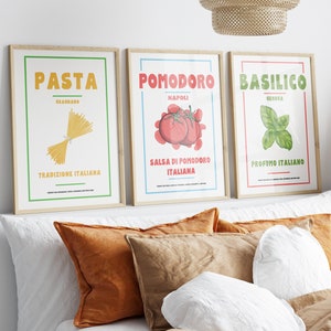 Conjunto de pôster de manjericão de tomate macarrão conjunto de 3 imprimíveis, arte de parede de cozinha, pôster retrô de comida italiana, decoração de sala de jantar de espaguete