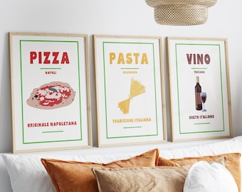 Puede incluir: Tres láminas enmarcadas con temas de comida italiana: "Pizza" con una ilustración de pizza, "Pasta" con un manojo de pasta y "Vino" con una botella y una copa de vino. Cada lámina tiene texto en rojo, amarillo y marrón.