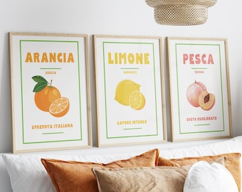 Tryptich Wall Art Orange Lemon Peach Printable Poster Set of 3, Kitchen Retro Italian Food Poster, Diner Decor Sign