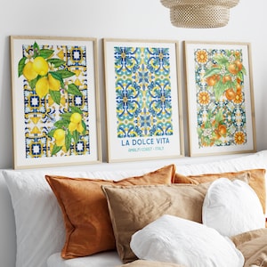 Amalfi Coast Lemons Printable Poster Set of 3, Amalfi Print Italy, Mediterranean Tile with Oranges, La Dolce Vita Poster Set