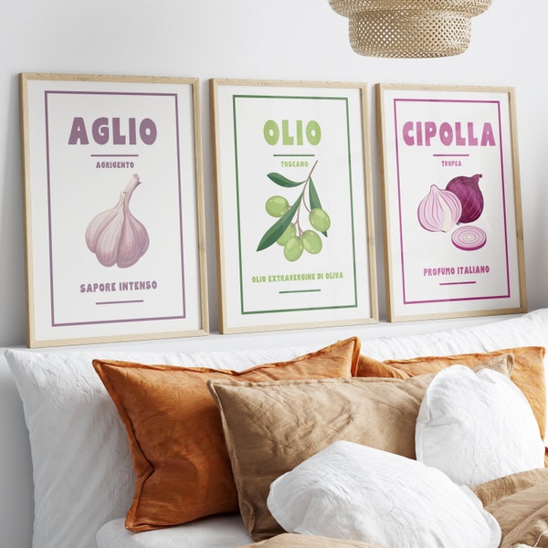 Cartel de cebolla de aceite de ajo conjunto de 3 imprimibles, arte de la pared de la cocina, verduras de decoración del comedor, cartel de comida italiana retro botánica