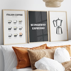 3er-Set italienische Wandkunst zum Ausdrucken, Triptychon, italienischer Kaffeeführer, Good Morning Espresso Moka Schild, minimales Küchenposter