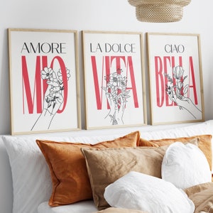 Bundle Set of 3 Printable Italian Phrases, Italian Wall Art, Hand Flower Line Art, Italy Print, La Dolce Vita Ciao Bella Amore Mio