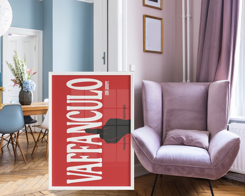 Vaffanculo Italian Hand Gesture, Italy Bad Word Typography Poster Red and White, Large Art Print