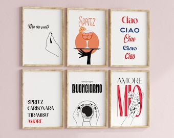 Bundle Set of 6 Printable Italian Wall Art, Gallery Poster Spritz Food Buongiorno Espresso Ciao Amore Mio Gesture