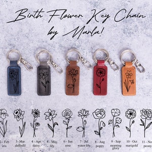 Birth Flower Leather Key Chain, Personalized Leather Keychain, Custom Name Birth Flower Key Fob, Customized Sister Mom Dad Birthday Gift Her