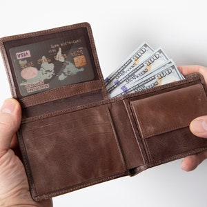 Cartera de cuero para hombre, Cartera de cuero personalizada con bolsillo trasero para padre, Cartera plegable personalizada para él, Regalo personalizado para hijo, papá, padre y hombre