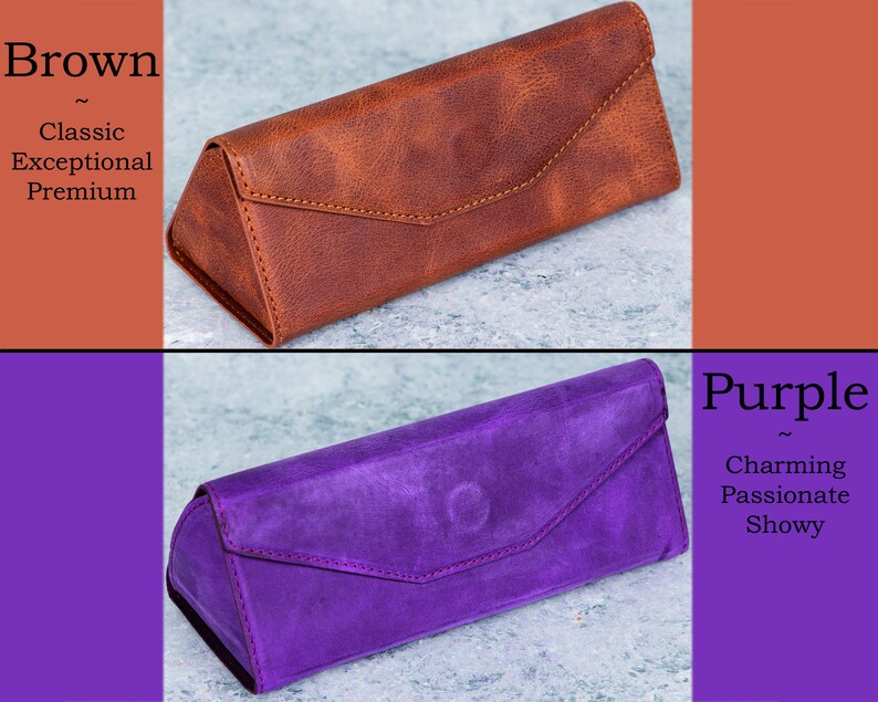 Pode incluir: S&atilde;o exibidos dois estojos de &oacute;culos de couro, um castanho e outro roxo. O estojo castanho est&aacute; rotulado como "Brown" com as palavras "Classic, Exceptional, Premium". O estojo roxo est&aacute; rotulado como "Purple" com as palavras "Charming, Passionate, Showy".