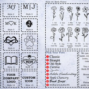 Pode incluir: Gr&aacute;fico com v&aacute;rios estilos de grava&ccedil;&atilde;o, incluindo iniciais, monogramas e &iacute;cones. Apresenta flores de nascimento e op&ccedil;&otilde;es de fonte como Cl&aacute;ssica, Direta e Cursiva. O texto destaca as op&ccedil;&otilde;es de personaliza&ccedil;&atilde;o para nomes, mensagens e logotipos.