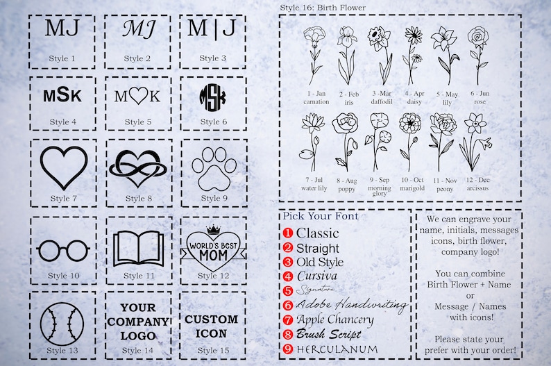 Pode incluir: Gr&aacute;fico com v&aacute;rios estilos de grava&ccedil;&atilde;o, incluindo iniciais, monogramas e &iacute;cones. Apresenta flores de nascimento e op&ccedil;&otilde;es de fonte como Cl&aacute;ssica, Direta e Cursiva. O texto destaca as op&ccedil;&otilde;es de personaliza&ccedil;&atilde;o para nomes, mensagens e logotipos.