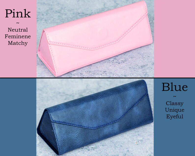 Pode incluir: Duas capas para &oacute;culos, uma rosa e outra azul. A capa rosa &eacute; de um tom pastel claro, enquanto a capa azul tem um acabamento texturizado. Ambas as capas s&atilde;o triangulares com fecho de aba. O texto na imagem diz "Pink" e "Blue".