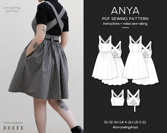 Anya Dress & Top | PDF Sewing Pattern | EU 32-54, US 0-22 | Pinafore Inspired Dress, Cross-Back | Instant Download